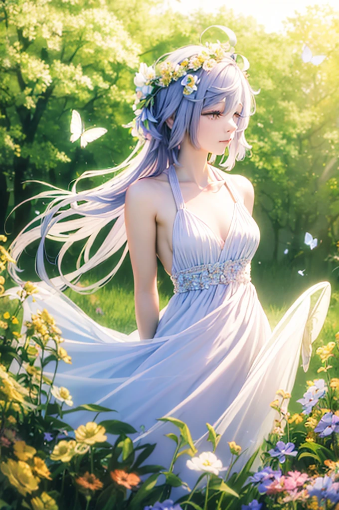"((Innocent)) girl, golden hour, dreamy meadow, ethereal, whimsical, flowing dress, soft sunlight, enchanting, butterfly wings, (Pastel clouds), liquid reflections super resolution realistic flower crown flower dress flower garden