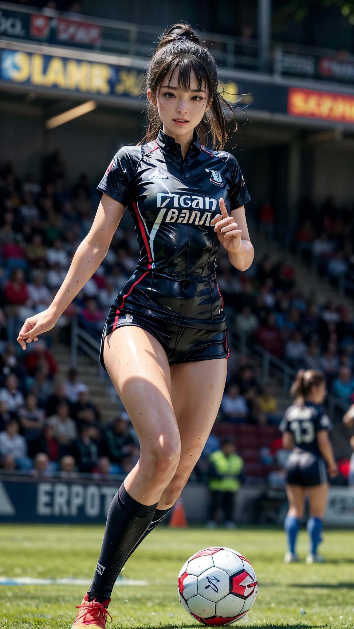 Highest quality, High resolution:1.2, Very detailed, Realistic:1.3, ((Beautiful woman))、((Super tight uniform))、((Super big breasts))、(The abdomen is visible)、Vibrant colors, play soccer,((Blunt bangs))、Various Hair Styles、Different hair colors、With bangs、Wet Hair, concentrate, splash, Action Shots, Grass blotches, Muddy ground, Wet turf, decide, Fast-paced games, Athletic physique, Shiny soccer ball, Wet Uniform, raindrop, Blurred motion, ボールにconcentrateする, Intense competition, Skillful dribbling, Energetic play, Teamwork, powerful shoots, Wet pitch, Passionate sports, Fierce decide, Humid atmosphere, Fluid movement, emotional expression、Dramatic lighting, Women's Sports, Avid athletes, Exciting Games, Endure, Excited state, Speed and agility, Energetic play, 濡れたsplash、smile、Red Uniform