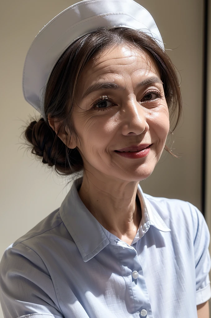 (masterpiece:1.4),(67-year-old woman:1.5),(facial wrinkles 1.2), (hair tied up : 1), A kind smile,maternal, Mature Woman, (dressed as a nurse : 1.2), (white collared Short sleeve uniform of nurse : 1.3), acnes, skin blemishes, fleckles, Nurse's hat, hospital, (thick arms : 1)