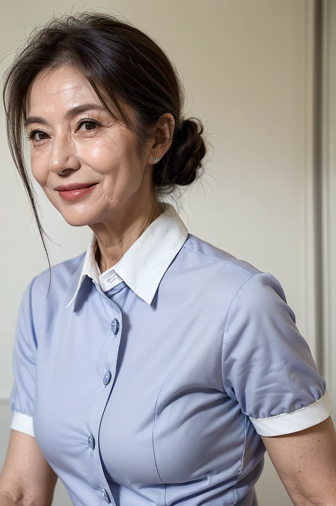 (masterpiece:1.4),(67-year-old woman:1.5),(facial wrinkles 1.2), (hair tied up : 1), A kind smile,maternal, Mature Woman, (dressed as a nurse : 1.2), (white collared Short sleeve uniform of nurse : 1.3), acnes, skin blemishes, fleckles, Nurse's hat, hospital