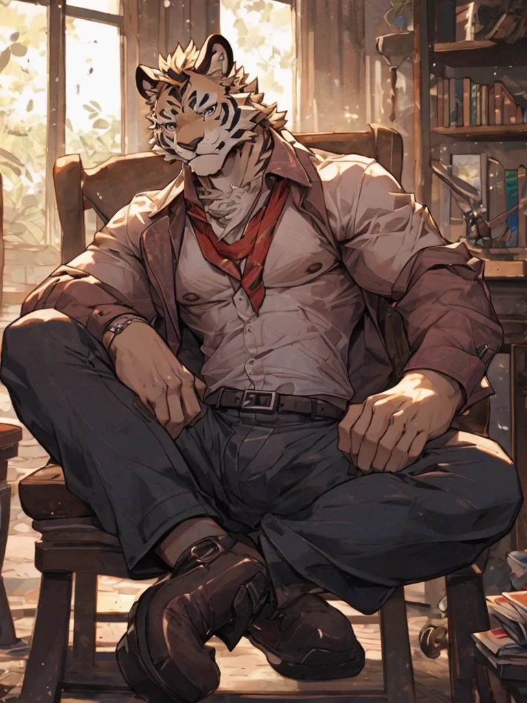 {{bara extremely handsome white tiger,}} {{white fur,}} white, wearing military like purple trench coat, purple trousers, white dress shirt and necktie, white fluffy furry body and limbs, loafers, very tall, very broad shoulders, narrow waist, muscular arms, massive pecs, purple eyes, very long legs, sitting on swivel chair with legs spread, from below perspective, massive bulge, sophisticated hot look, sexy pose, full body, sunlight casting over, 3/4 view, best quality, high quality, silver earring on left ear, sultry smirk