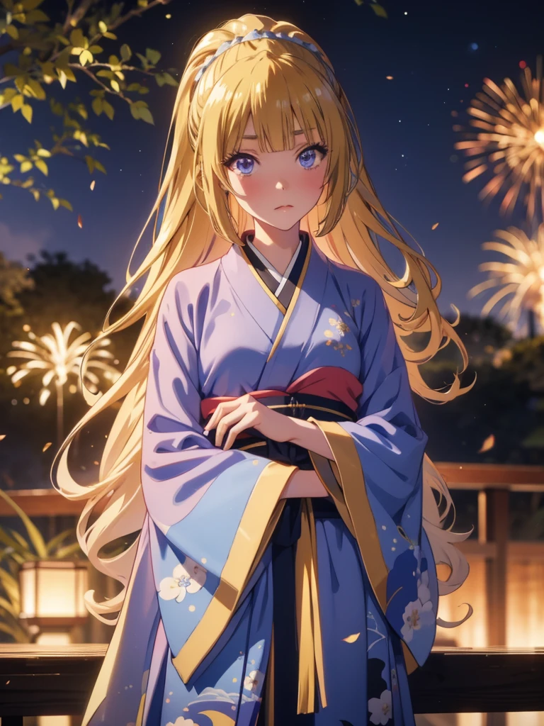 Kei karuizawa, kimono night in firework ,blonde, blue eyes