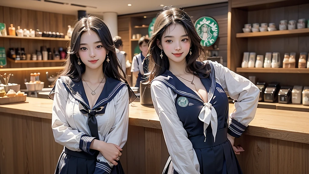 8K、RAW Photos、Highest quality、Super detailed、Super Resolution、Ultra HD、8K壁紙、Amazing details
(((Inside the Starbucks store)))、((((16 year old high school girl in sailor suit))))、Eat cake、Drink coffee、smile、Heart Necklace(((Emphasize cleavage)))
(Full body photo)