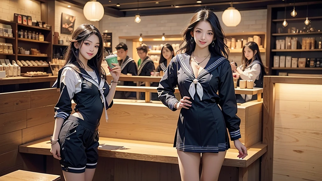 8K、RAW Photos、Highest quality、Super detailed、Super Resolution、Ultra HD、8K壁紙、Amazing details
(((Inside the Starbucks store)))、((((16 year old high school girl in sailor suit))))、Eat cake、Drink coffee、smile、Heart Necklace(((Emphasize cleavage)))
(Full body photo)