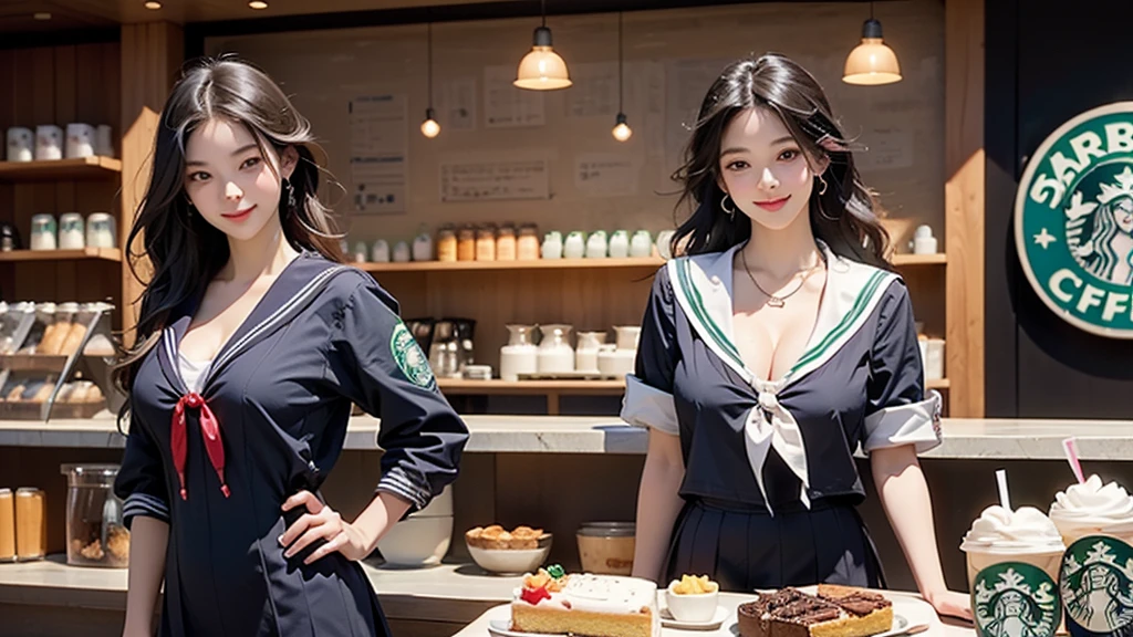 8K、RAW Photos、Highest quality、Super detailed、Super Resolution、Ultra HD、8K壁紙、Amazing details
(((Inside the Starbucks store)))、((((16 year old high school girl in sailor suit))))、Eat cake、Drink coffee、smile、Heart Necklace(((Emphasize cleavage)))
(Full body photo)
