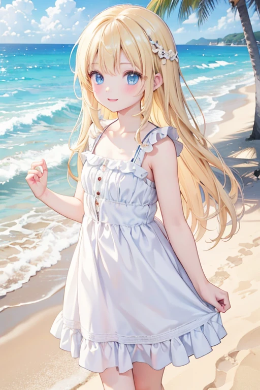 masterpiece, highest quality, High resolution, One 7-year-old girl、blue eyes、
Blonde、Vertical Roll、White dress、Stroll along the sandy beach