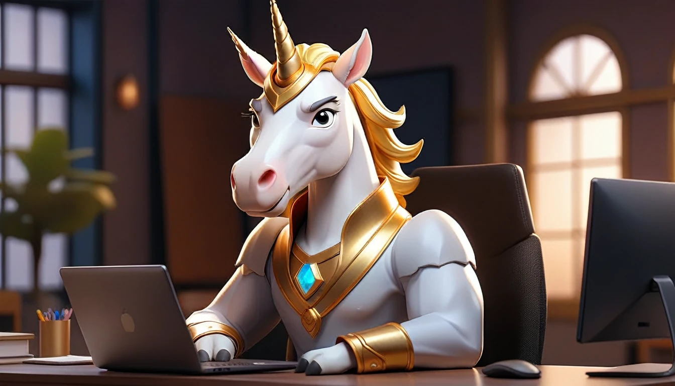 professional male anime unicorn avatar looking at camera, this unicorn must reflect innovation, the success, aspirations associated with startups, friendly and charismatic facial expression, large eyes, expressive. gold and silver aspects, sitting at a desk with a room background