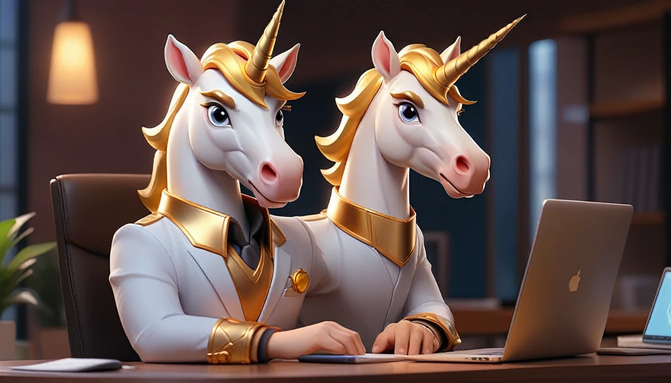 professional male anime unicorn avatar looking at camera, this unicorn must reflect innovation, the success, aspirations associated with startups, friendly and charismatic facial expression, large eyes, expressive. gold and silver aspects, sitting at a desk with a room background