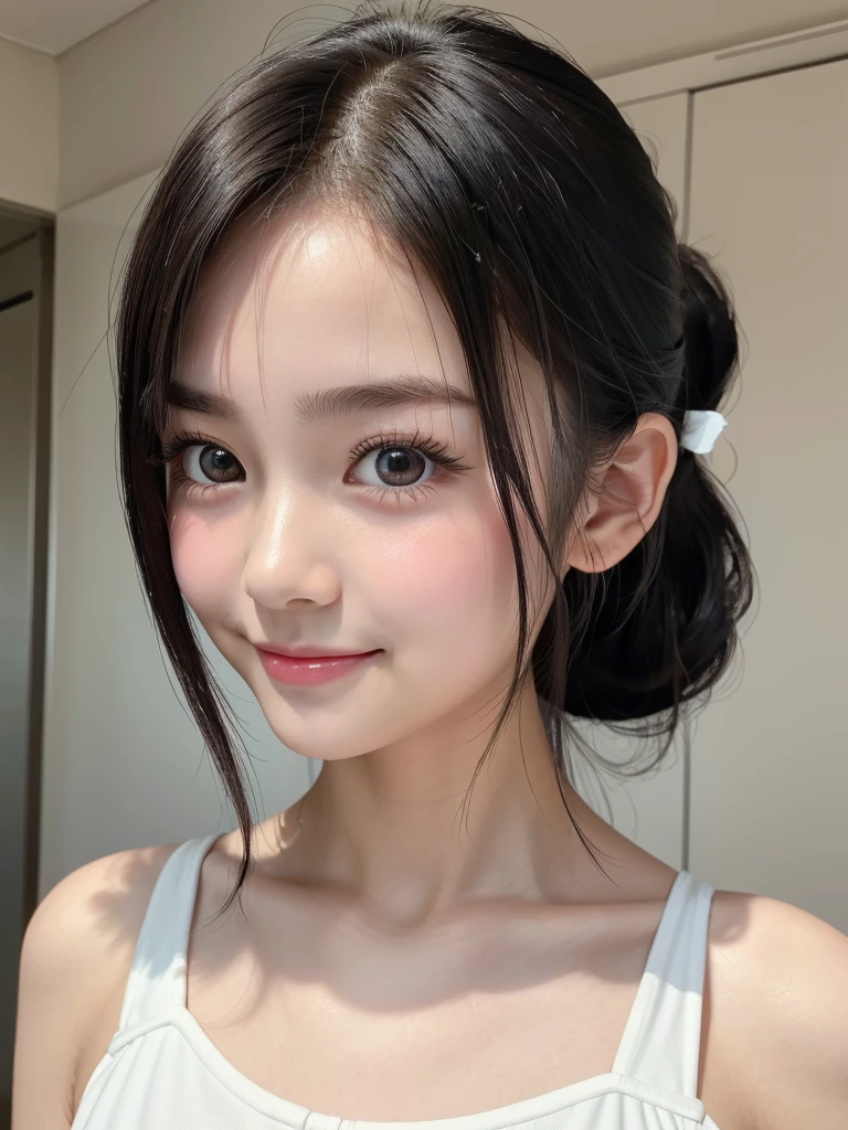 One Girl，Very cute girl at 16 years old，Big eyes:0.5，The face is facing straight ahead，Body facing forward，Beautiful nose，Fuller lips，Short black hair，ponytail，Detailed eyelashes，Thin eyebrows，Symmetrical eyes，Face close-up，White swimsuit，Portrait，View Viewer, half smile:0.5,
