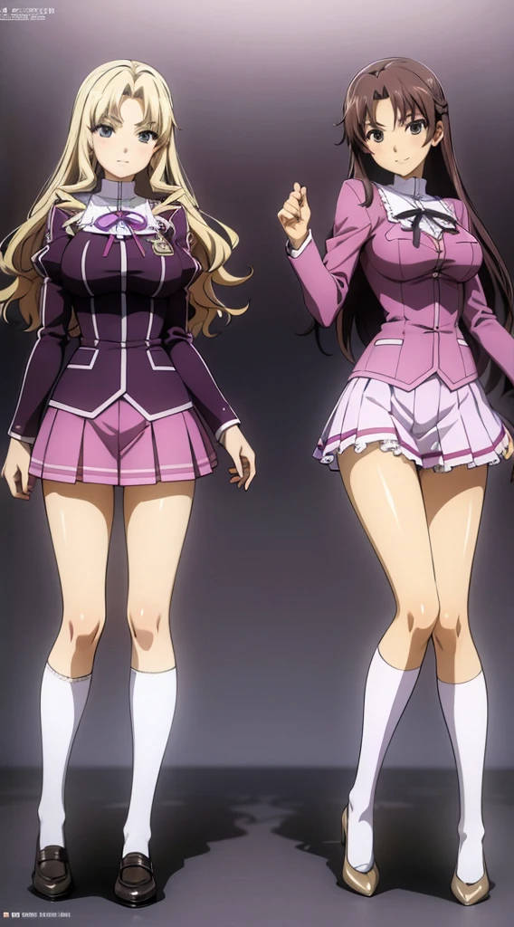 Masterpiece, high quality, 2girls, duo, identical twins, identical sisters, brown hair, curly hair, matching hairstyles, hazel eyes, medium sized bust, (light purple school uniform, sexy school uniform, light purple blazer, lace section, ribbon, light purple short skirt, white thigh-high socks, black low heels, matching outfits), smile, flat_color, full body, seductive pose, duo pose