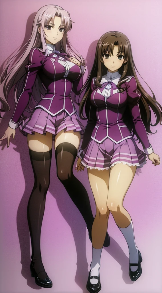Masterpiece, high quality, 2girls, duo, identical twins, identical sisters, brown hair, curly hair, matching hairstyles, hazel eyes, medium sized bust, (light purple school uniform, sexy school uniform, light purple blazer, lace section, ribbon, light purple short skirt, white thigh-high socks, black low heels, matching outfits), smile, flat_color, full body, seductive pose, duo pose