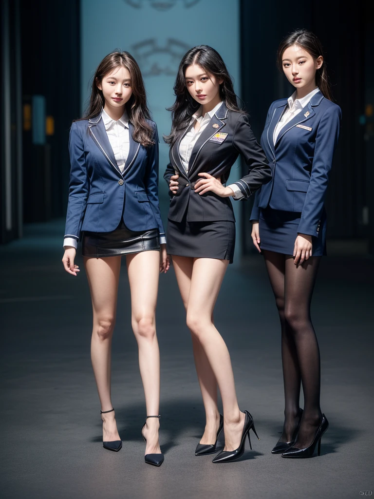 Practical Photography, 22 years old, Portrait, Full Body, Korean, (Mature: 1.3), Two girls, Beautiful girls, (Environmental details: 1.3), (Original image, CG Unity, Photography, Ultra-practical details, Clear focus, Delicate skin, 4K high resolution, Masterpiece, Best quality, Practical, Energetic: 1.2), (8K, 4K, Ultra-high quality, High resolution, Major, Unique, Dramatic), Medium-sized breasts, Stewardess uniform, (Dark blue stewardess blazer: 1.3), Shirt, Short ivory skirt, (Black YSL high heels), Perfect legs, Model pose, Smile