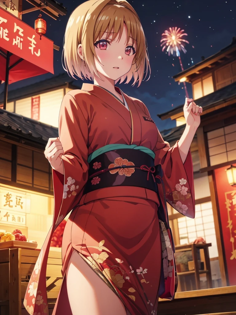 Kushida Kikyou, kimono night in firework , beige hair colour, crimson gradient eyes colour , short hair, evil face 