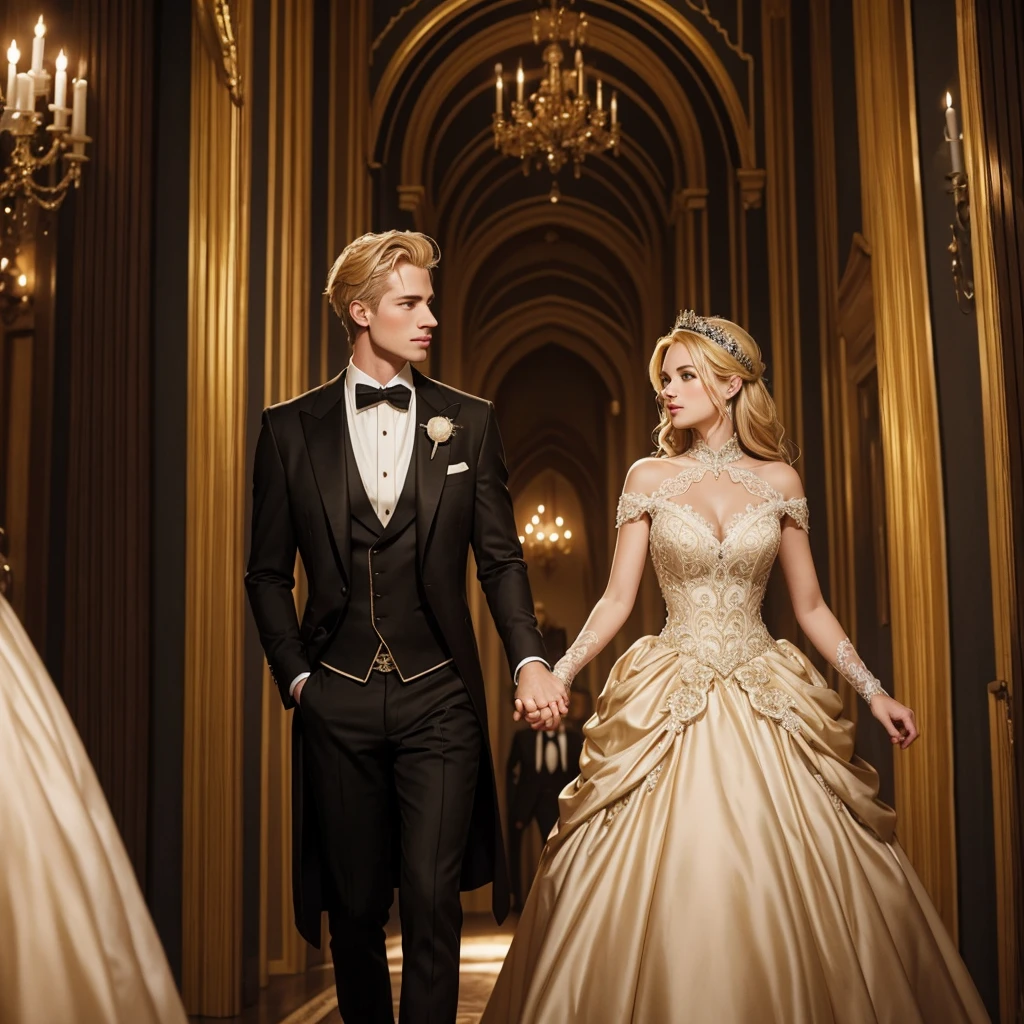 A girl in a luxurious ball gown holds the hand of a handsome blond man in a luxurious tailcoat in a castle