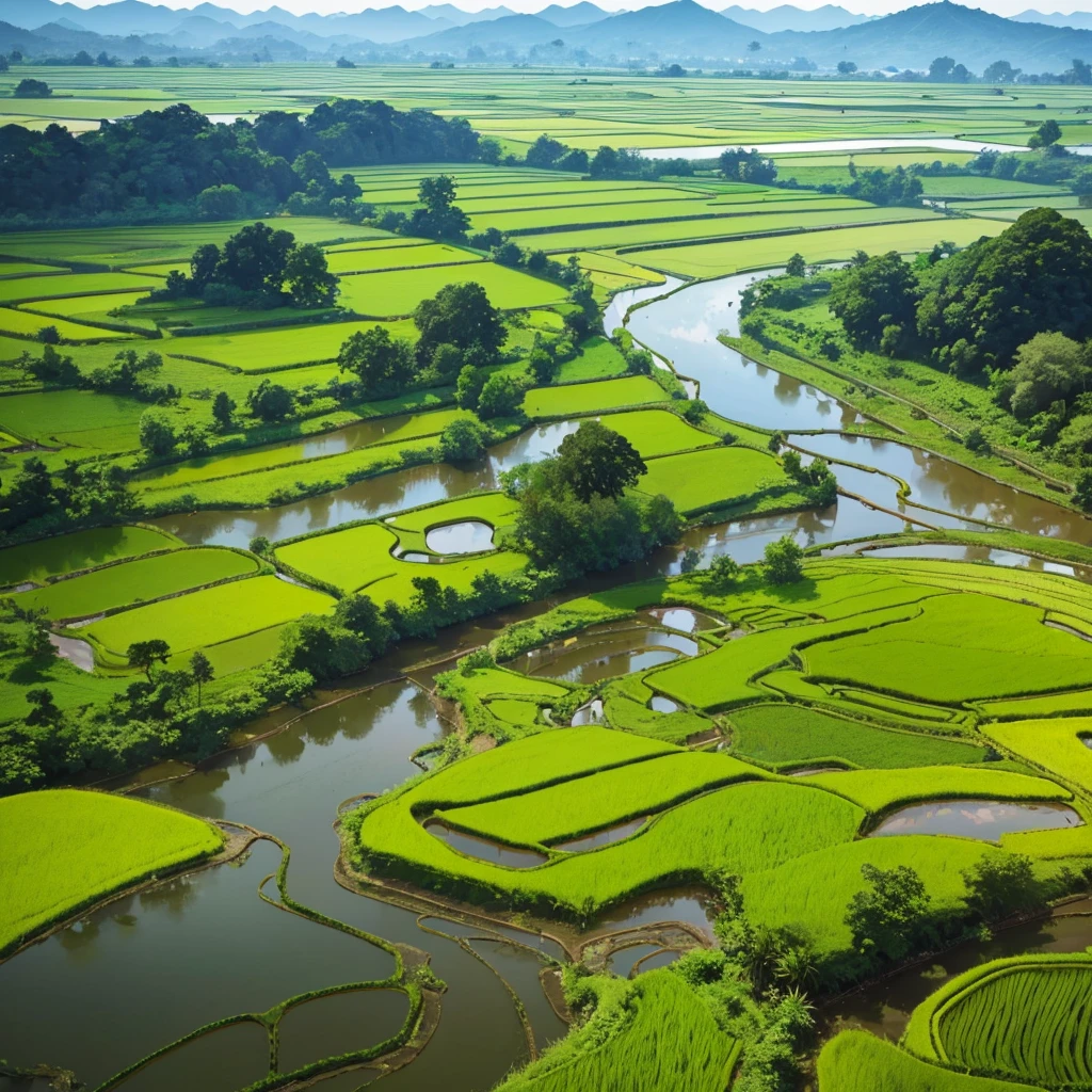 araffes in the middle of a rice field with a house and a pond, malaysia with a paddy field, indonesia national geographic, rice paddies, bali, indonesia, 8 k, 8k, paddy fields and river flowing, lush valley, 5 7 9, 3 0, proof, inspiring birds eye vista view, conde nast traveler photo, low