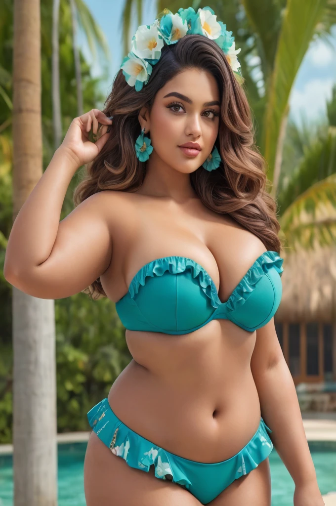 a woman in a bikini and flower headband posing by a pool, curvy model, alluring plus sized model, thick body, violet myers, curvy body, gorgeous bikini model, jaw-dropping beauty, bikini model, voluptuous body, blue bikini, swimsuit model, demi rose, curvy figure, beautiful curvy female, full body shot in bikini, plus size