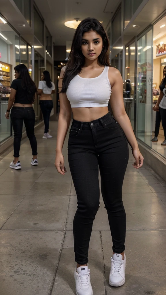 Create a full image of a sharp face cute and lovely indian women age is , large breast , Slim waist , hot figure,looking so pretty ,model And she wears a black top and black jeans , and air jordan white snaekaers ,, a,hot , standing in the shopping mall and night view and walking