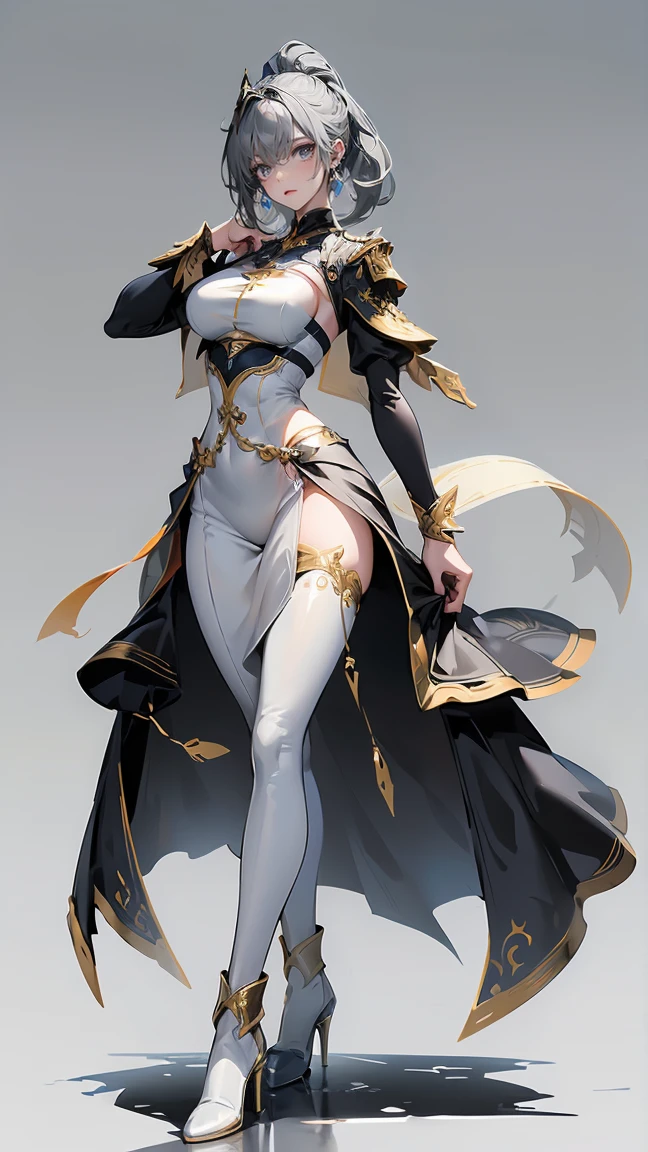 Highest quality、masterpiece、8K、Realistic、超High resolution、Very delicate and beautiful、High resolution、Muscle Girl、Perfect female body、Beautiful woman、Mature Woman、Gray Hair、Bright Blue Eyes、Six Pack、Toned body、big 、White and gold uniform、Luxury Clothing、boots、Wild Pose、Full body emphasis、Simple Background