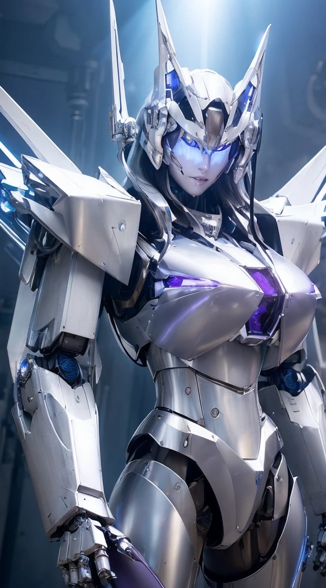 ((Intense action pose:1.6))、((Shining lenses on both breasts:1.3))、((Blue pillars of light are emanating from both chests.:1.3))、smile、((8K)), ((32k)), ((Highest quality)), ((masterpiece)), ((超A high resolution)), ((Tmasterpiece)), ((Halation:1.4))、((Mechaニカルheadgear:1.2))、((Cyber Headphones:1.3))、Fine skin, High quality fabric, Fine metal texture、((Beautiful and dense face))、RAW Photos、Professional, Ultra-fine painting, ((alone)), Beautiful breasts、Highest quality, Very detailed, Very detailed詳細, Finer details, so beautiful, ((Princess Knight Robot:1.2)),  (Joints of machines, Mechanical Limbs:1.3), (The internal structure of the machine is exposed:1.3), (Long silver hair:1.1), (Beautiful and huge mechanical breasts)、White Veil, cowboy_shot, Side Focus, headgear, Shiny、(Five Fingers, Four fingers and thumb),Concept Art, Anime fantasy artwork, Detailed fantasy art, (with pale blue-violet hair and large white wings,,,,,,,), (((Long silver hair))), (Mecha:1.6)、Sleek and intimidating design, ((Commander-in-Chief&#39;arm)), (Perfect robot body)、純白と青紫armまたは, Symmetrical wings, 8K high quality, detailed art, 3D rendering of character art in 8K, neat legs, Defined, Defined fingers,
