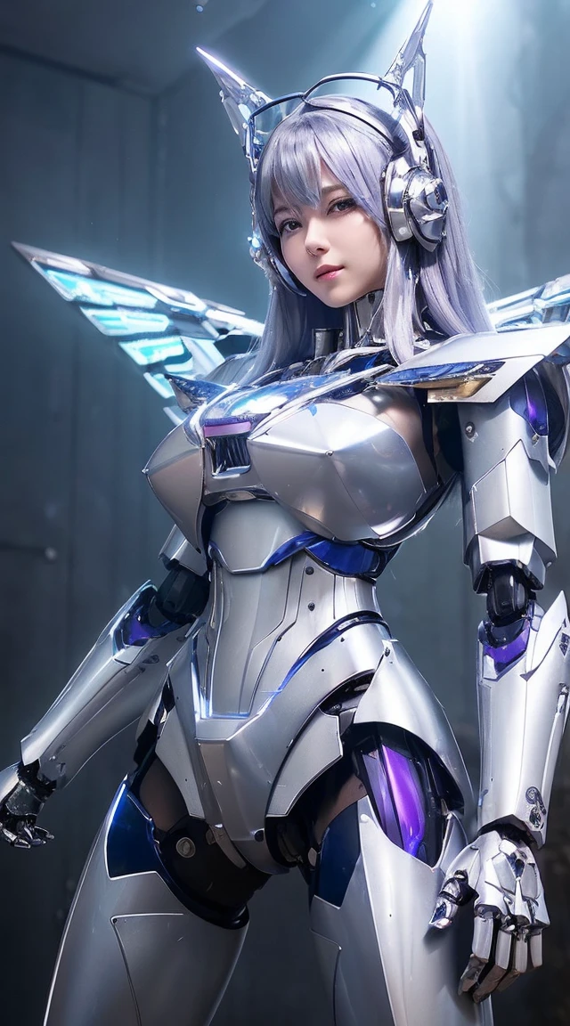 ((Intense action pose:1.6))、((Shining lenses on both breasts:1.3))、((Blue pillars of light are emanating from both chests.:1.3))、smile、((8K)), ((32k)), ((Highest quality)), ((masterpiece)), ((超A high resolution)), ((Tmasterpiece)), ((Halation:1.4))、((Mechaニカルheadgear:1.2))、((Cyber Headphones:1.3))、Fine skin, High quality fabric, Fine metal texture、((Beautiful and dense face))、RAW Photos、Professional, Ultra-fine painting, ((alone)), Beautiful breasts、Highest quality, Very detailed, Very detailed詳細, Finer details, so beautiful, ((Princess Knight Robot:1.2)), (Joints of machines, Mechanical Limbs:1.3), (The internal structure of the machine is exposed:1.3), (Long silver hair:1.1), (Beautiful and huge mechanical breasts)、White Veil, cowboy_shot, Side Focus, headgear, Shiny、(Five Fingers, Four fingers and thumb),Concept Art, Anime fantasy artwork, Detailed fantasy art, (with pale blue-violet hair and large white wings,,,,,,,), (((Long silver hair))), (Mecha:1.6)、Sleek and intimidating design, ((Commander-in-Chief'arm)), (Perfect robot body)、純白と青紫armまたは, Symmetrical wings, 8K high quality, detailed art, 3D rendering of character art in 8K, neat legs, Defined, Defined fingers,