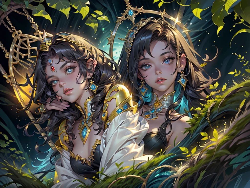 This is、It's a masterpiece of realistic fantasy with lots of sparkles, Glitter, and intricate ornate details. Produces one woman with a beautiful delicate crown sitting on a garden swing at night. She is a beautiful and seductive butterfly queen with stunning curly black hair, (((Incredibly realistic and detailed dynamic eyes in bright colors with realistic shading))). Her skin is translucent white, Her eyes are shining, And her dress is elegant. Her dress is spun with delicate and finest gossamer silk, Convoluted, Delicate floral details and gold silk butterfly sleeves. Her face is lovely and lonely. Include flowers that glow in the dark, Lots of particles, Highly realistic fantasy butte fly with translucent gem-colored wings and fine details, And shine. Trending fantasy titles from Artstation and Midjourney、Reminds of the masters of this genre. camera: Using dynamic composition techniques、Emphasizes ethereal delicacy and delicate details.