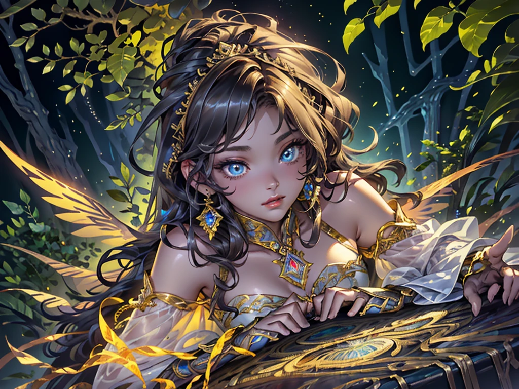 This is、It's a masterpiece of realistic fantasy with lots of sparkles, Glitter, and intricate ornate details. Produces one woman with a beautiful delicate crown sitting on a garden swing at night. She is a beautiful and seductive butterfly queen with stunning curly black hair, (((Incredibly realistic and detailed dynamic eyes in bright colors with realistic shading))). Her skin is translucent white, Her eyes are shining, And her dress is elegant. Her dress is spun with delicate and finest gossamer silk, Convoluted, Delicate floral details and gold silk butterfly sleeves. Her face is lovely and lonely. Include flowers that glow in the dark, Lots of particles, Highly realistic fantasy butte fly with translucent gem-colored wings and fine details, And shine. Trending fantasy titles from Artstation and Midjourney、Reminds of the masters of this genre. camera: Using dynamic composition techniques、Emphasizes ethereal delicacy and delicate details.