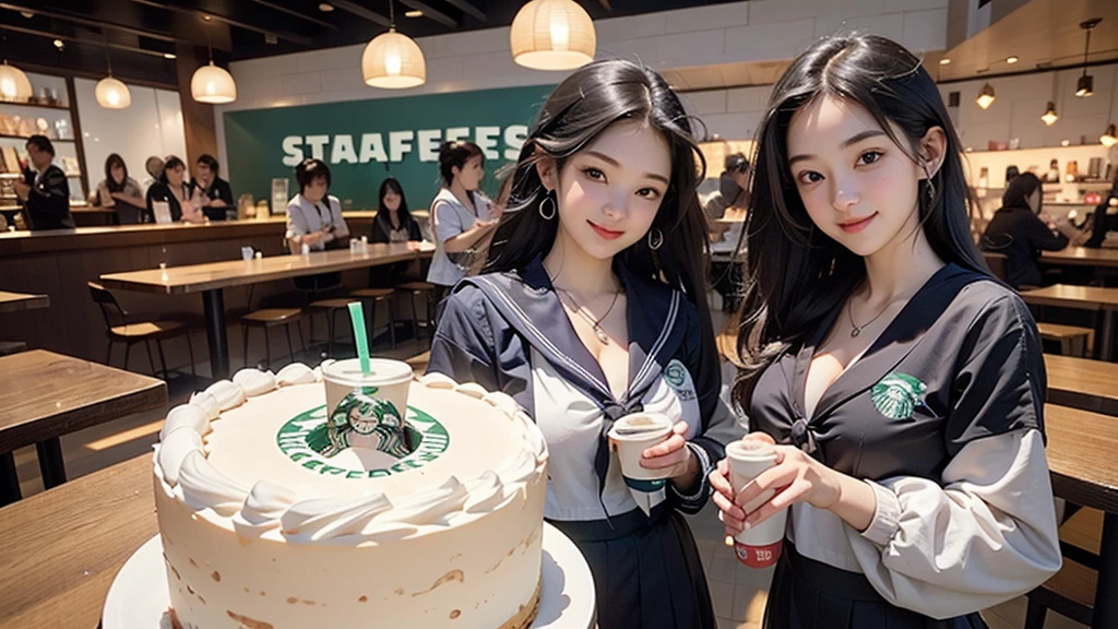 8K、RAW Photos、Highest quality、Super detailed、Super Resolution、Ultra HD、8K壁紙、Amazing details
(((Inside the Starbucks store)))、((((16 year old high school girl in sailor suit))))、Eat cake、Drink coffee、smile、Heart Necklace(((Emphasize cleavage)))
(Full body photo)