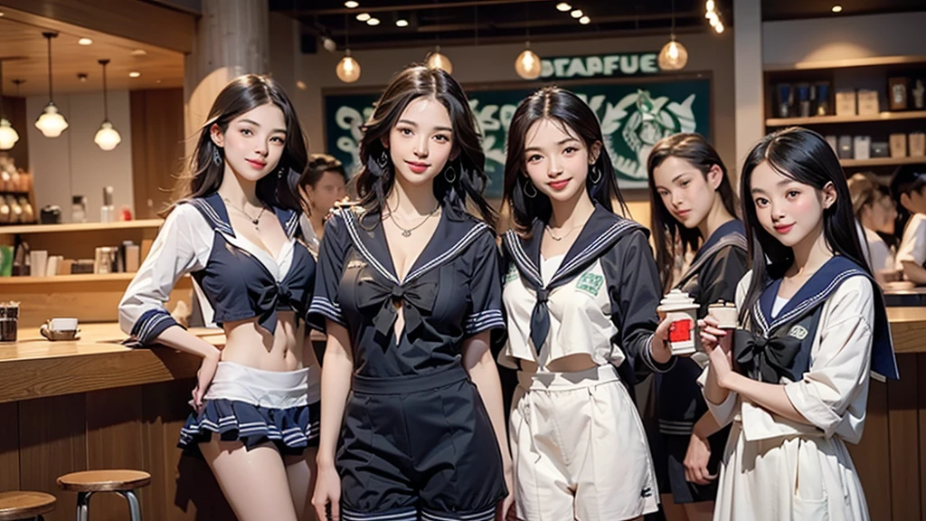 8K、RAW Photos、Highest quality、Super detailed、Super Resolution、Ultra HD、8K壁紙、Amazing details
(((Inside the Starbucks store)))、((((16 year old high school girl in sailor suit))))、Eat cake、Drink coffee、smile、Heart Necklace(((Emphasize cleavage)))
(Full body photo)