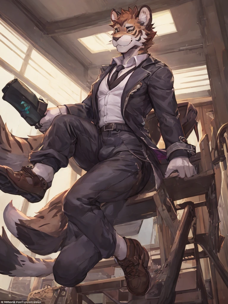 {{bara extremely handsome white tiger,}} {{white fur,}} white, wearing military like purple trench coat, purple trousers, white dress shirt and necktie, white fluffy furry body and limbs, loafers, very tall, very broad shoulders, narrow waist, muscular arms, massive pecs, purple eyes, very long legs, sitting on swivel chair with legs spread, from below perspective, massive bulge, sophisticated hot look, sexy pose, full body, sunlight casting over, 3/4 view, best quality, high quality, silver earring on left ear, sultry smirk