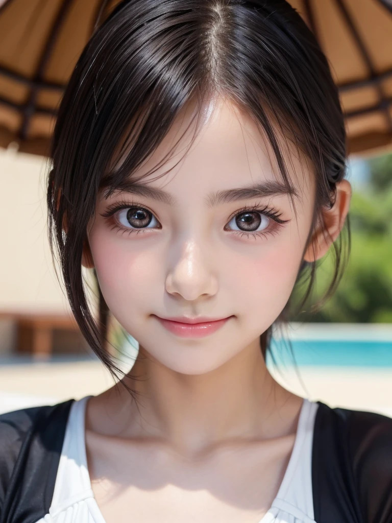 One Girl，Very cute girl at 16 years old，Big eyes:0.5，The face is facing straight ahead，Body facing forward，Beautiful nose，Fuller lips，Short black hair，ponytail，Detailed eyelashes，Thin eyebrows，Symmetrical eyes，Face close-up，White swimsuit，Portrait，View Viewer, half smile:0.5,