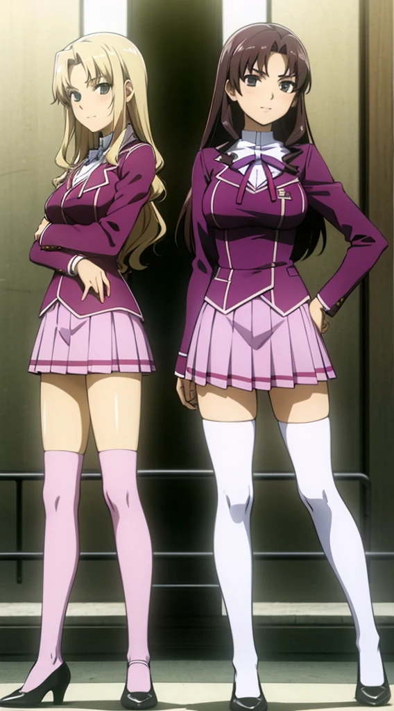 Masterpiece, high quality, 2girls, duo, identical twins, identical sisters, brown hair, curly hair, matching hairstyles, hazel eyes, medium sized bust, (light purple school uniform, sexy school uniform, light purple blazer, lace section, ribbon, light purple short skirt, white thigh-high socks, black low heels, matching outfits), smile, flat_color, full body, seductive pose, duo pose