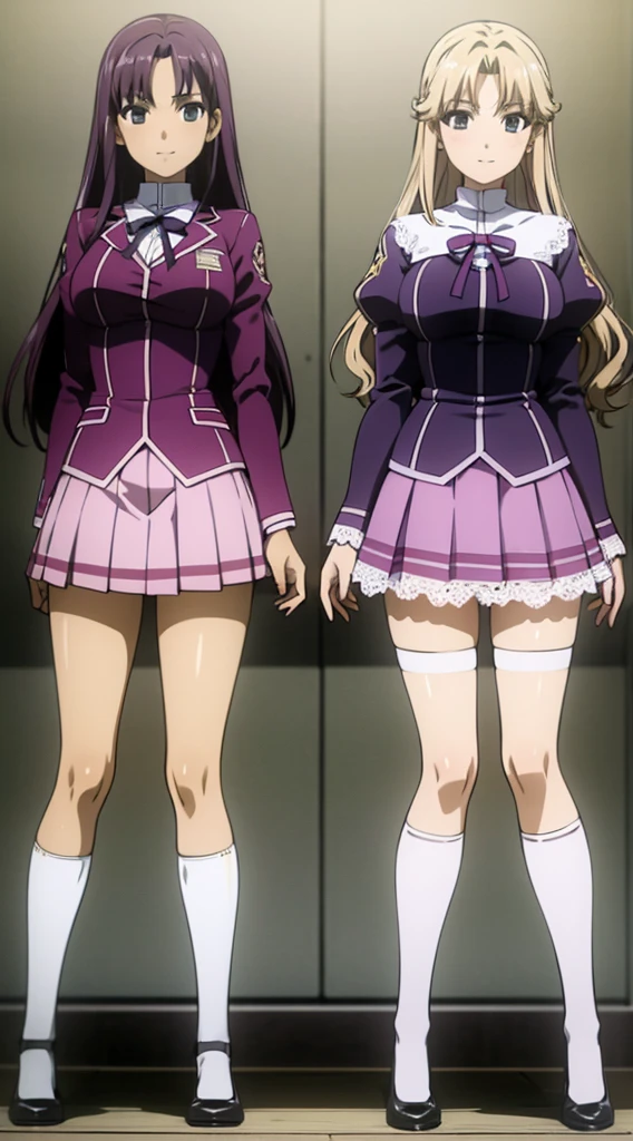 Masterpiece, high quality, 2girls, duo, identical twins, identical sisters, brown hair, curly hair, matching hairstyles, hazel eyes, medium sized bust, (light purple school uniform, sexy school uniform, light purple blazer, lace section, ribbon, light purple short skirt, white thigh-high socks, black low heels, matching outfits), smile, flat_color, full body, seductive pose, duo pose