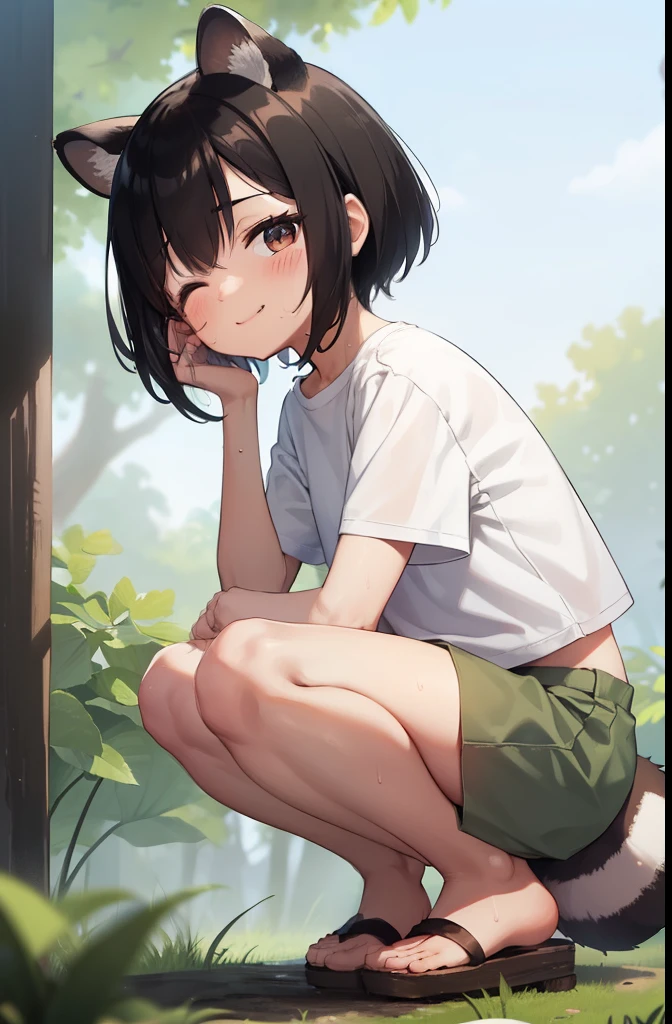 forest,smile,Squat,Put your hands behind your back,close your eyes,1. small ,short hair,Black Hair,blush,White T-shirt,Olive green shorts,Brown Sandals,White skin,summer,From below,shy,Sweat,Please open your mouth wide,Wet,Raccoon Ears,Raccoon Tail,PAW Pose,tooth