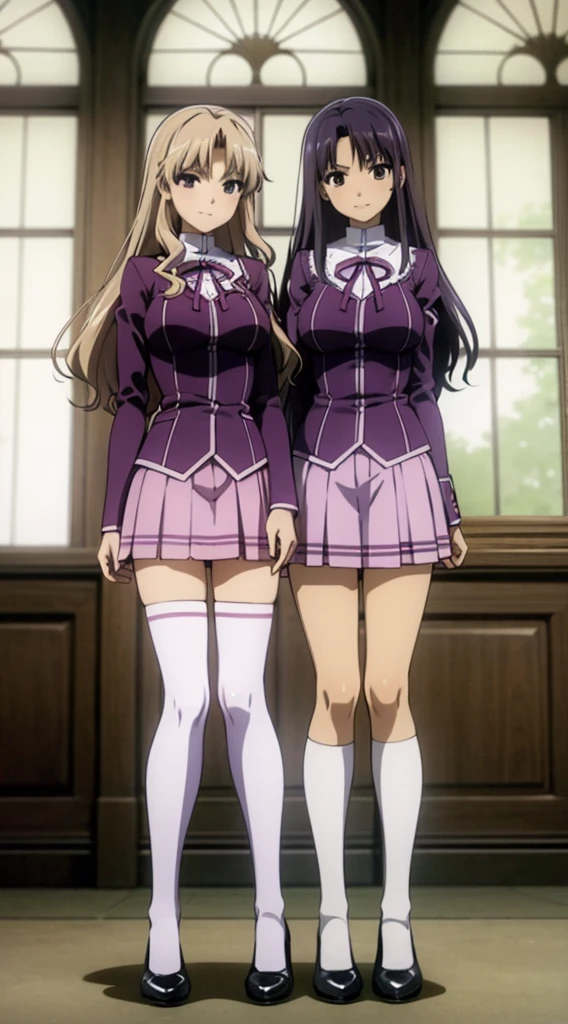 Masterpiece, high quality, 2girls, duo, identical twins, identical sisters, brown hair, curly hair, matching hairstyles, hazel eyes, medium sized bust, (light purple school uniform, sexy school uniform, light purple blazer, lace section, ribbon, light purple short skirt, white thigh-high socks, black low heels, matching outfits), smile, flat_color, full body, seductive pose, duo pose