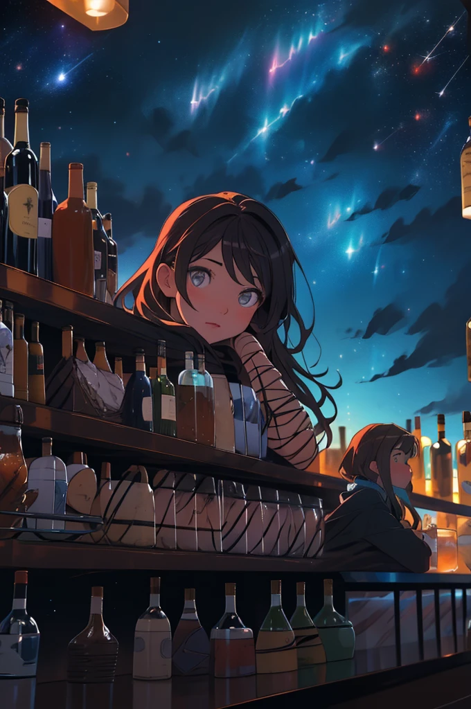 masterpiece, best quality, bottles,  fantasy, bar, cityscape, wide shot, city lights, night sky,  star \(sky\),  starry sky, (bar in the sky:1.5), blurry 