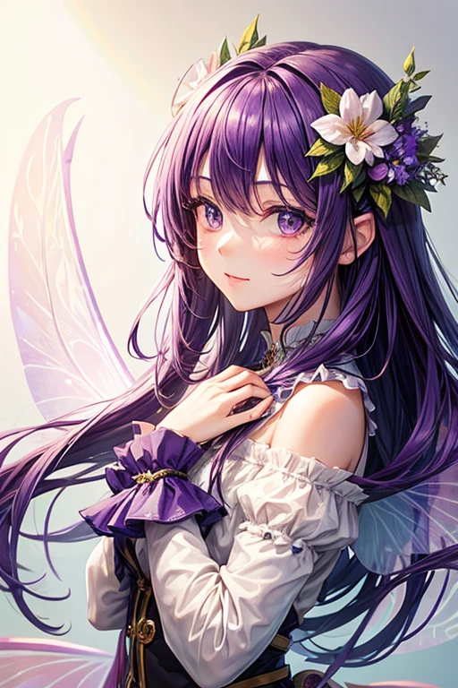 Portrait girl with fairy wings , purple hair, flower in hair