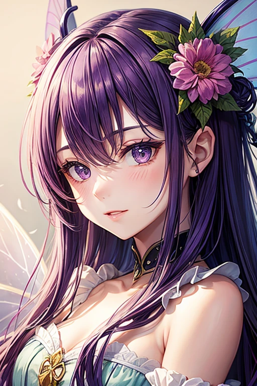 Portrait girl with fairy wings , purple hair, flower in hair