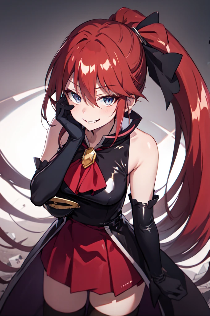 Highest quality, masterpiece, One Girl,Not beautiful, Red Ponytail, Long dress, brooch, Hair Ribbon, - Elbow hand pockets, Black knee socks, Standing on the rubble, (Wicked Smile:1.1), ,,Dark shadowed face,Sadistic smile,Malice,Contempt,smile,latex,Bad face,,Red Skirt,two hands,two legs,five fingers,evil background,elbow gloves,latex, Wicked Smile, devilish aura (Shiny fabric:1.5),Dark world background,