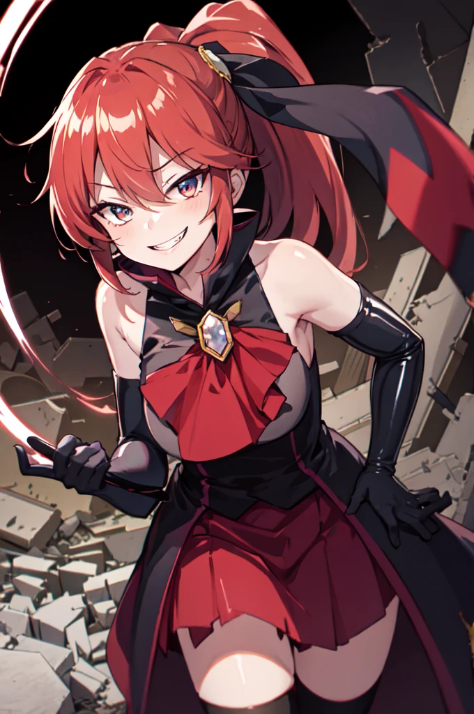 Highest quality, masterpiece, One Girl,Not beautiful, Red Ponytail, Long dress, brooch, Hair Ribbon, - Elbow hand pockets, Black knee socks, Standing on the rubble,  (Wicked Smile:1.1), ,,Dark shadowed face,Sadistic smile,Malice,Contempt,smile,latex,Bad face,,Red Skirt,two hands,two legs,five fingers,evil background,elbow gloves,latex, Wicked Smile, devilish aura (Shiny fabric:1.5),Dark world background,


