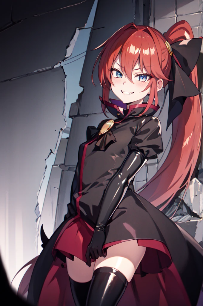 Highest quality, masterpiece, One Girl,Not beautiful, Red Ponytail, Long dress, brooch, Hair Ribbon, - Elbow hand pockets, Black knee socks, Standing on the rubble,  (Wicked Smile:1.1), ,,Dark shadowed face,Sadistic smile,Malice,Contempt,smile,latex,Bad face,,Red Skirt,two hands,two legs,five fingers,evil background,elbow gloves,latex, Wicked Smile, devilish aura (Shiny fabric:1.5),Dark world background,


