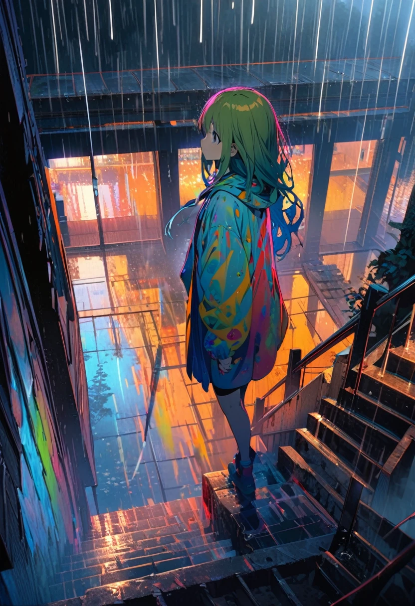 girl standing on steep stairs,rain,reflection,Bright and colorful,High Saturation,CG Art, Makoto Shinkai's photo, pure, Concept Art, Lofi Art style,Shinkai Makoto animation art style, Lofi Art, Beautiful anime scene, Anime Landscape, Detailed scenery, Makoto Shinkai's style, Makoto Shinkai's style, Enhance Details