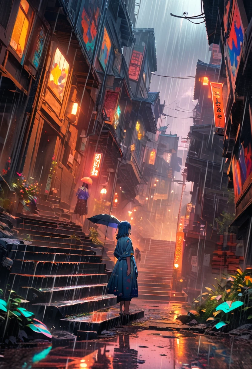 girl standing on steep stairs，rain，reflection，Bright and colorful，High Saturation，CG Art， Makoto Shinkai&#39;s photo, pure, Concept Art, Lofi Art style，Shinkai Makoto animation art style, Lofi Art, Beautiful anime scene, Anime Landscape, Detailed scenery, Makoto Shinkai&#39;s style, Makoto Shinkai&#39;s style, Enhance Details 