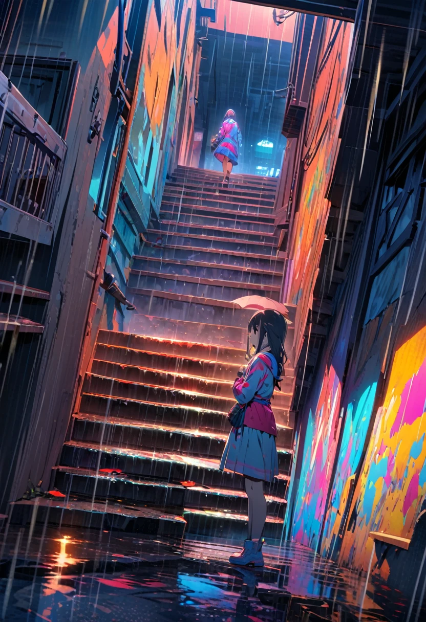 girl standing on steep stairs,rain,reflection,Bright and colorful,High Saturation,CG Art, Makoto Shinkai's photo, pure, Concept Art, Lofi Art style,Shinkai Makoto animation art style, Lofi Art, Beautiful anime scene, Anime Landscape, Detailed scenery, Makoto Shinkai's style, Makoto Shinkai's style, Enhance Details