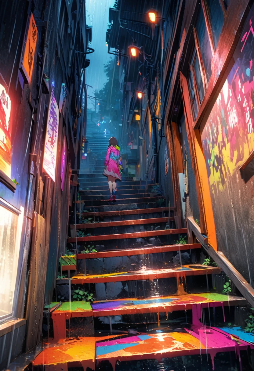 girl standing on steep stairs,rain,reflection,Bright and colorful,High Saturation,CG Art, Makoto Shinkai's photo, pure, Concept Art, Lofi Art style,Shinkai Makoto animation art style, Lofi Art, Beautiful anime scene, Anime Landscape, Detailed scenery, Makoto Shinkai's style, Makoto Shinkai's style, Enhance Details