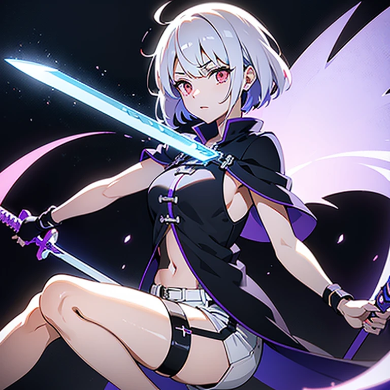 (white short hair)(red eyes and U blue light)(serious)(Take purple sword and black pistol) 4K