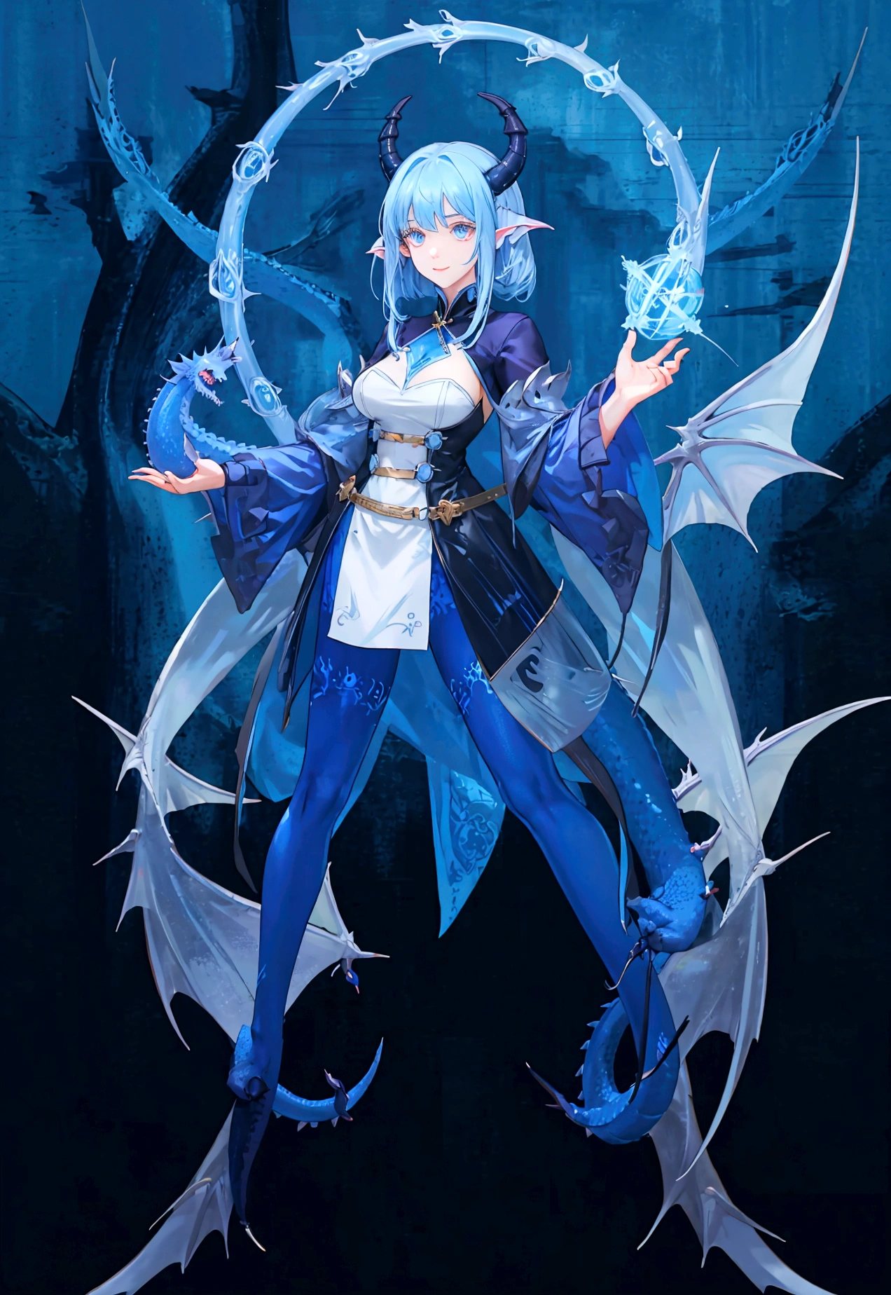 Character (character casting spell pose) (full body) (blue long dragon background)