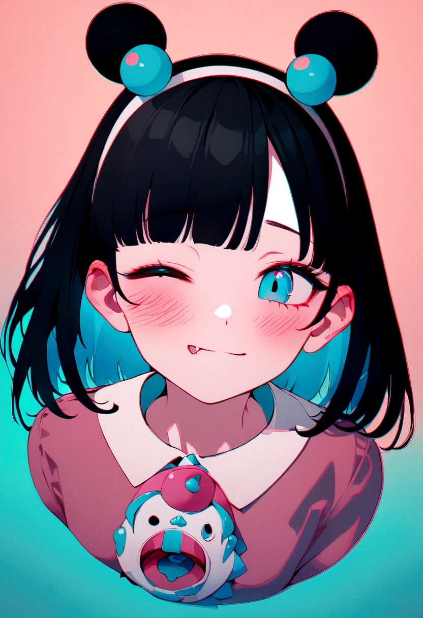 black hair, hair bobbles, wince, longeyelashes, solid circle eyes, fake animal ears, light smile, ear blush, fang, ccurate, Surrealism, drop shadow, anaglyph, stereogram, tachi-e, pov, atmospheric perspective, 8k, super detail, best quality
