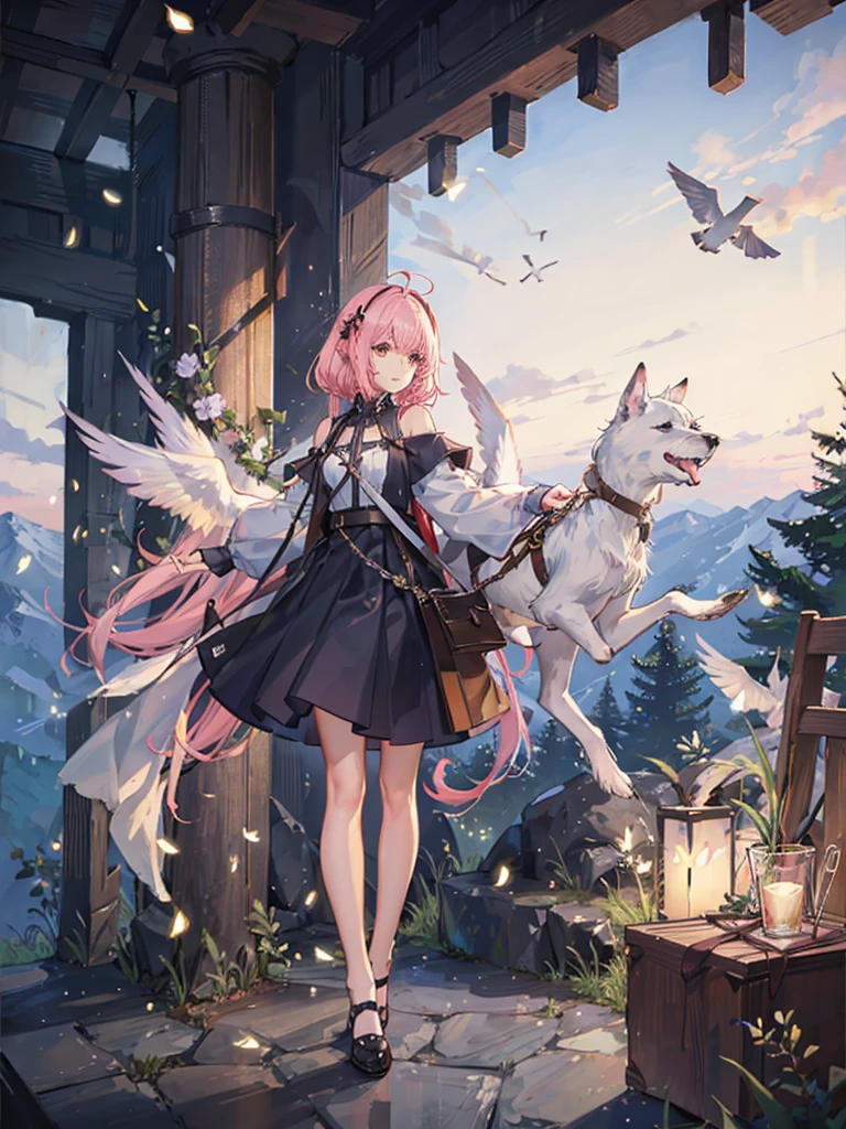 a small girl with wings with a white big dog on top of a mountain filled with fireflies and pink trees