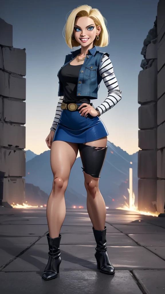 best quality, highres, and18, 1girl, android 18, solo girl, 1girl, blonde hair, blue eyes, belt, boots, tight blue demin skirt, gold_necklace, black shirt, short hair, long striped sleeves, earrings, open vest, denim vest, medium breasts, cowboy shot, mountains, straight-on, (weather: raining and windy), wet body, sexy smile, combat stance, full length pantyhose, battle ruins, wide hips, thick legs, torn clothes, closed fists,