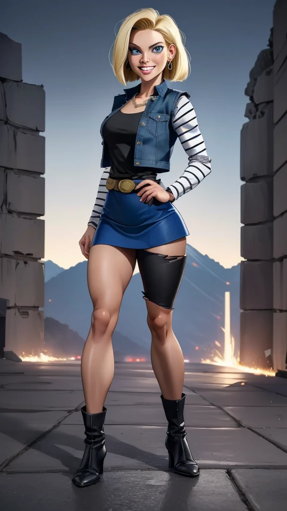 best quality, highres, and18, 1girl, android 18, solo girl, 1girl, blonde hair, blue eyes, belt, boots, tight blue demin skirt, gold_necklace, black shirt, short hair, long striped sleeves, earrings, open vest, denim vest, medium breasts, cowboy shot, mountains, straight-on, (weather: raining and windy), wet body, sexy smile, combat stance, full length pantyhose, battle ruins, wide hips, thick legs, torn clothes, closed fists,